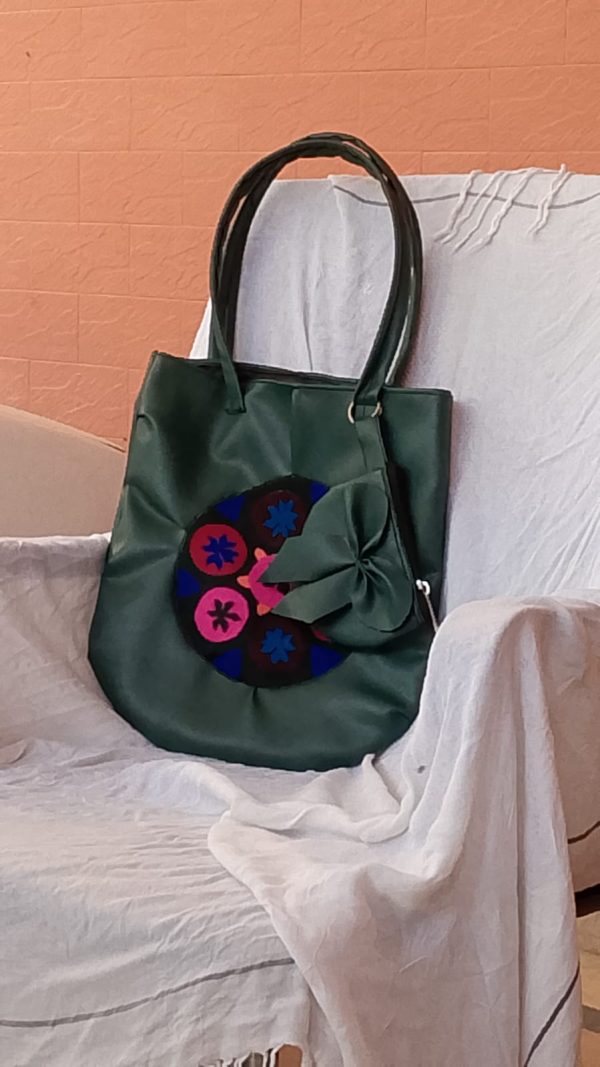 Handcrafted Green Tote Bag with Decorative Patch and Bow