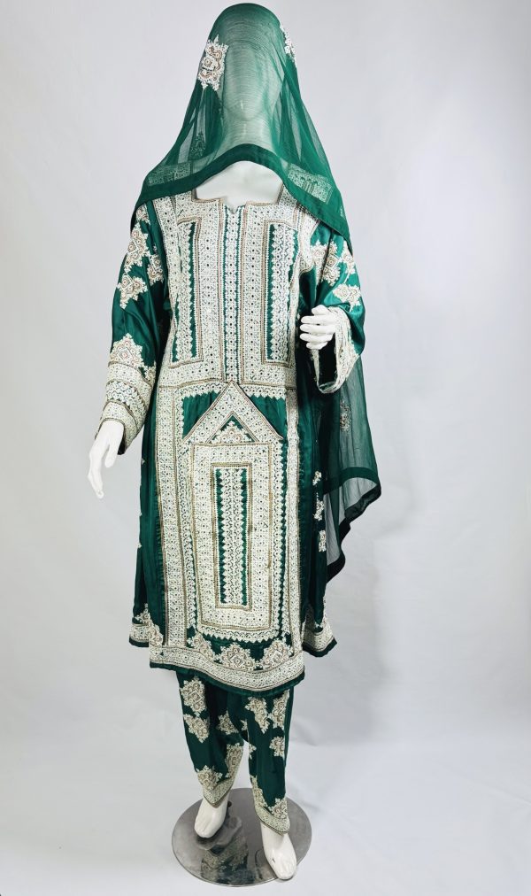 ZAFNM COLLECTION Pure Silk Elegance – Green & White 3-Piece Dress Set