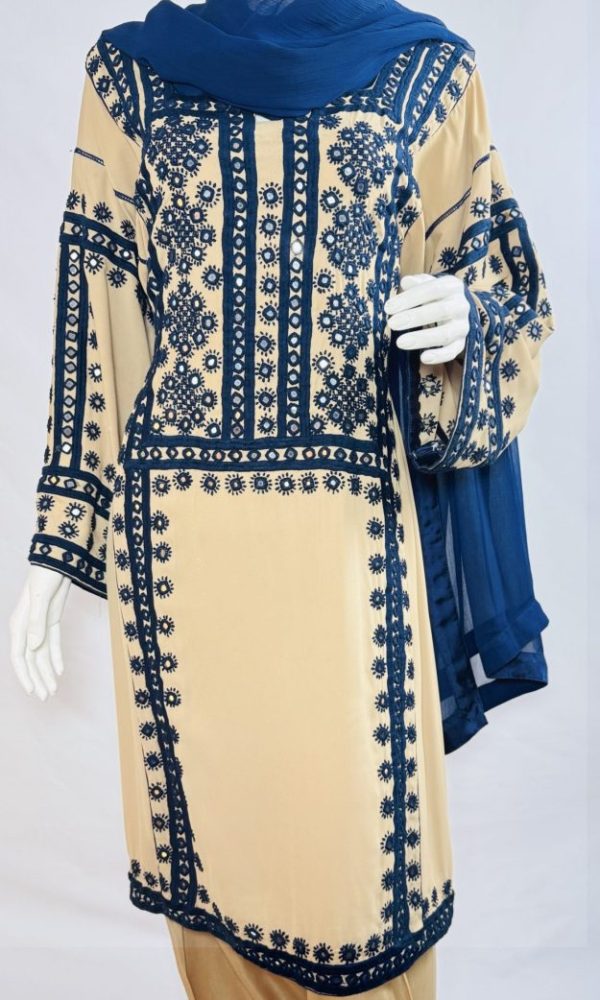 AFNM COLLECTION-Two-Tone Three Piece Casual Dress in Cream and Blue